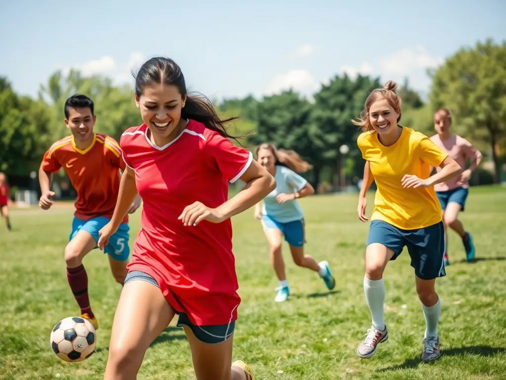 A vibrant image of community members participating in a local soccer match, smiling and engaging in teamwork outdoors.