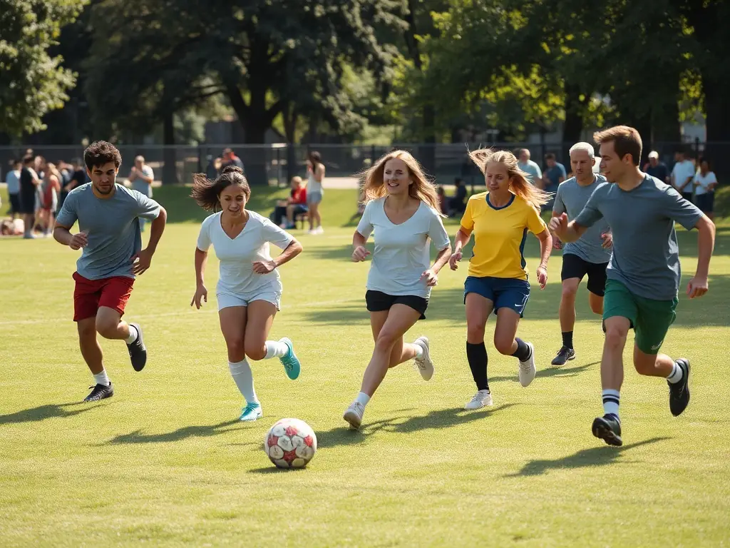 A group of diverse community members participating in a friendly soccer match in a local park, showcasing teamwork and active engagement.