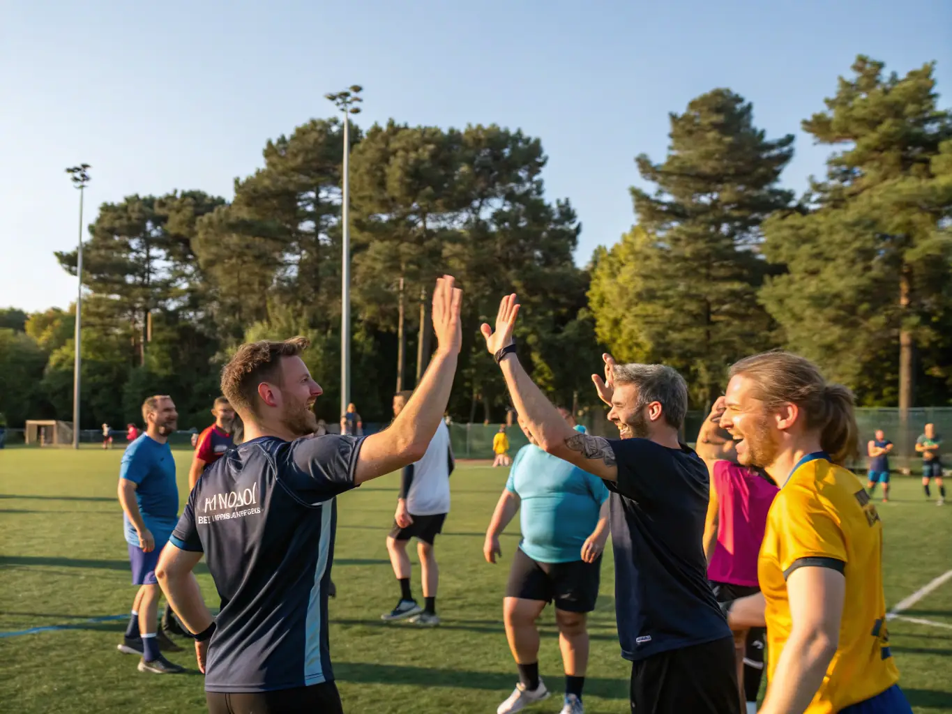 A vibrant image of a group of people participating in a TEAM DES GRANGES organized sports event, showcasing teamwork and community spirit.