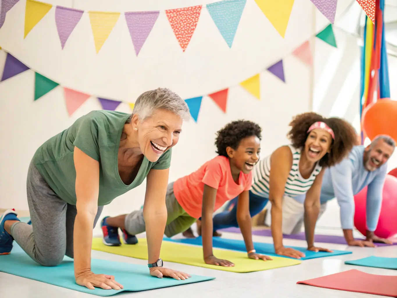 A group of diverse individuals participating in a fitness class at a local park, led by a certified instructor.
