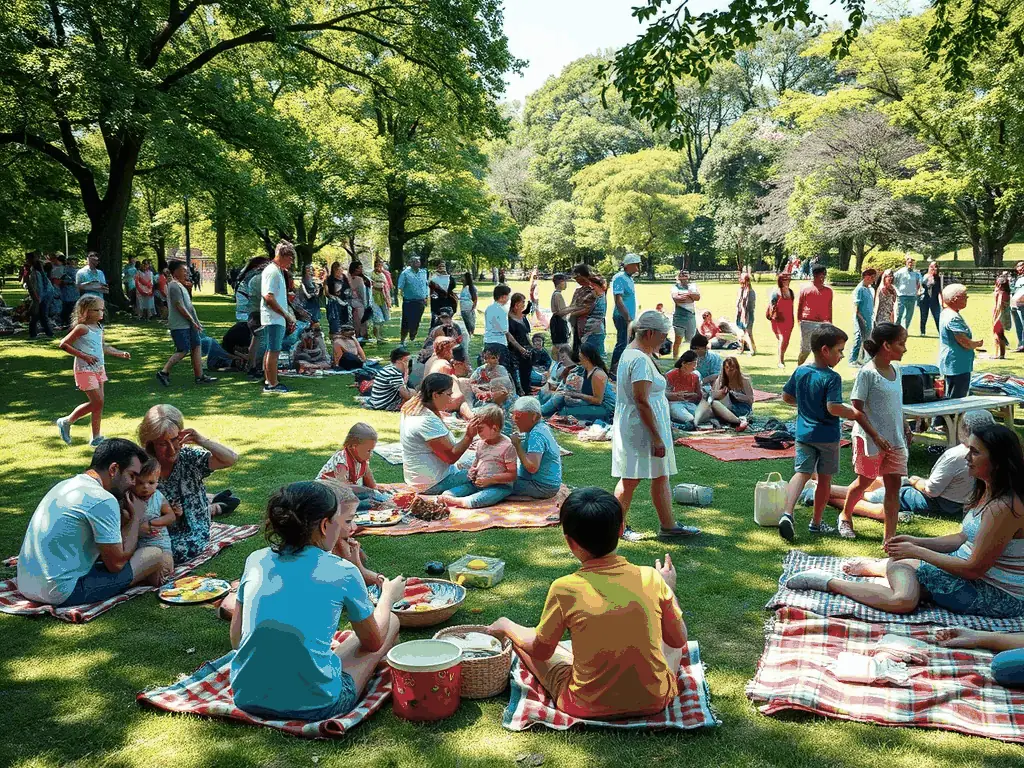 A photograph of participants of different ages and backgrounds enjoying a community picnic after a sports event, emphasizing inclusivity and community bonding.