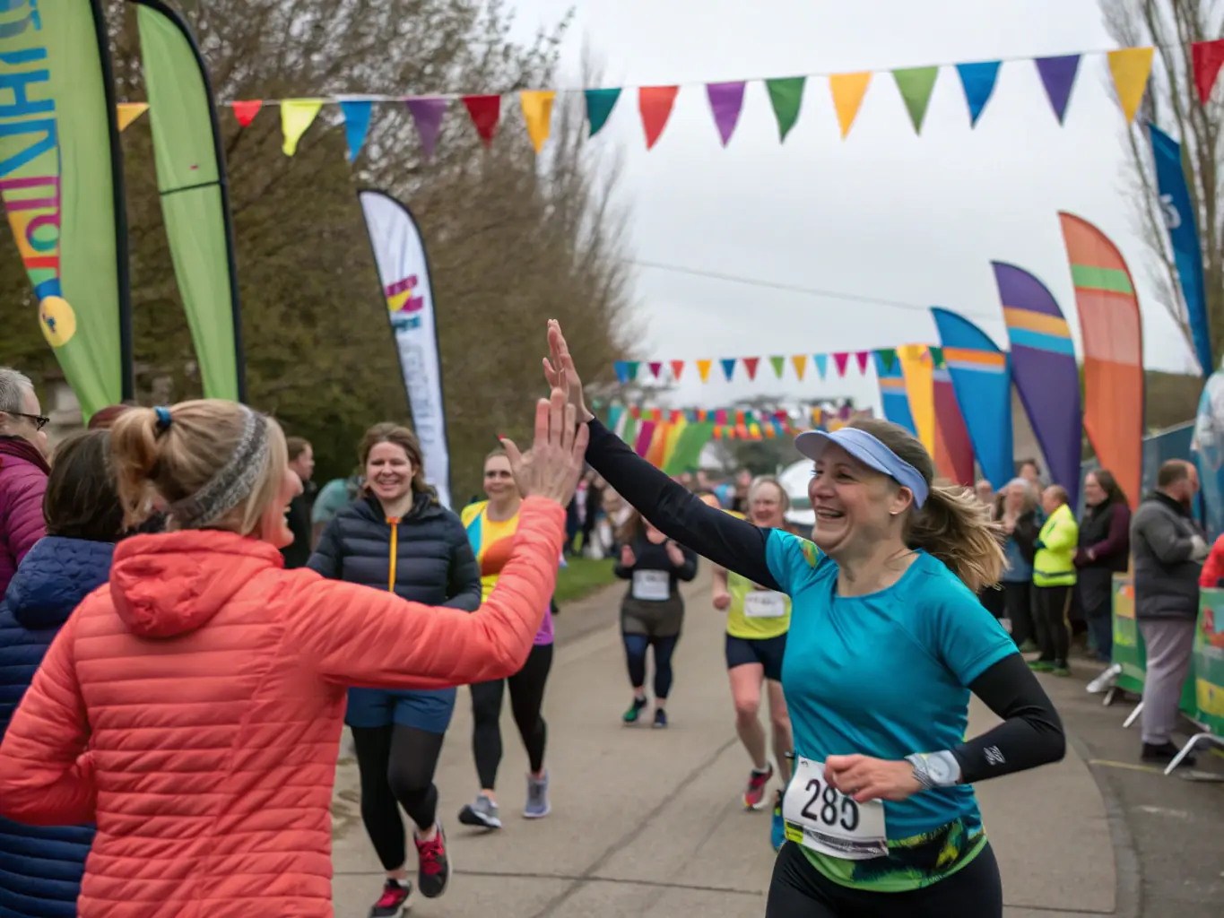 A photograph capturing children and adults enjoying a community fun run event, showcasing the spirit of participation and healthy competition.