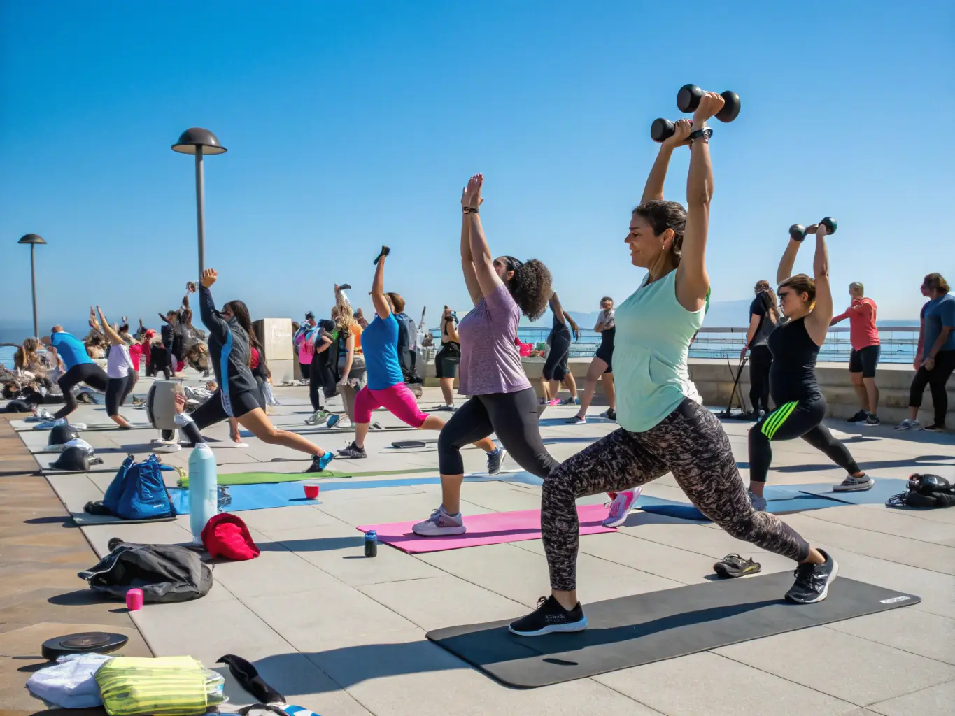 An image depicting participants engaged in a fitness class organized by TEAM DES GRANGES, emphasizing health and wellness.