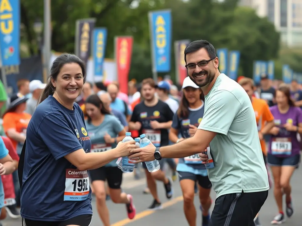 A photograph of volunteers assisting at a TEAM DES GRANGES event, highlighting the spirit of giving back and community support.