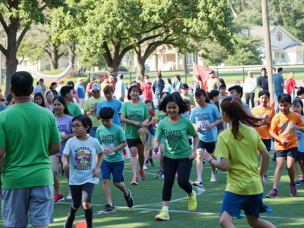 A vibrant image of community members participating in a local sports event organized by TEAM DES GRANGES, showcasing teamwork and active participation.