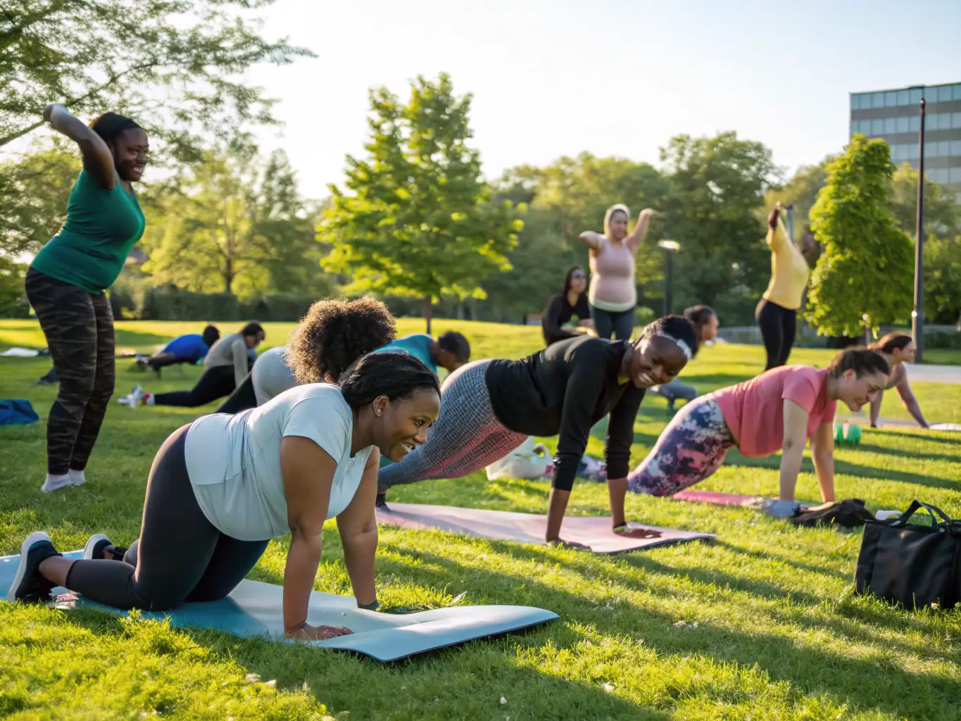 A dynamic image of participants engaged in a fitness class organized by TEAM DES GRANGES, emphasizing health and wellness.